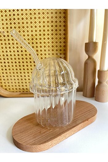 hediyeofisi Heat Resistant Oval Glass Cup with Lid - Coffee and Presentation Cup, 430 ml (WITH PIPET GIFT)