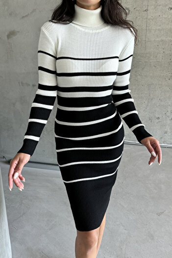 MODAGEN Long Black and White Striped Women's Tirko Dress