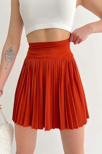 Lusin Brick Colored Pleated Mini Shorts Skirt - Women