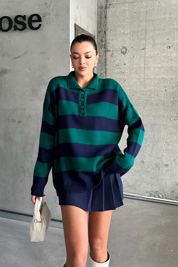 MODAGEN Nefti Green Women's Knitwear Sweater with Polo Collar and Button Detail