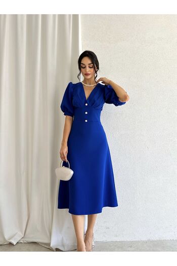 Afiş Butik Midi šaty s modrým tenkým knoflíkem s polovičním rukávem