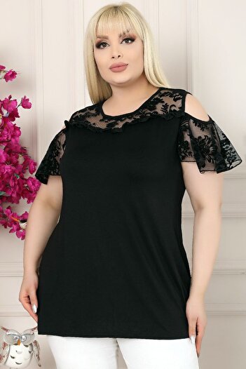 Kheos Specially Designed Off Shoulder Sleeves Lace Detailed Flowy Tunic