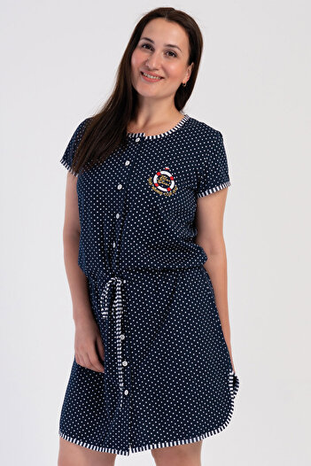 VİENETTA Plus Size Women's Cotton Nightgown - Short Sleeve, Buttoned, 403146