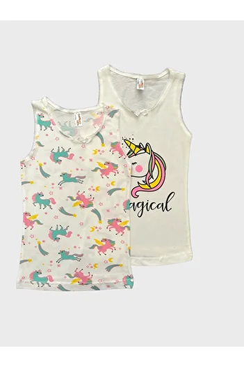 elmas kids Girl's Cotton White Unicorn Patterned 2-Piece Undershirt