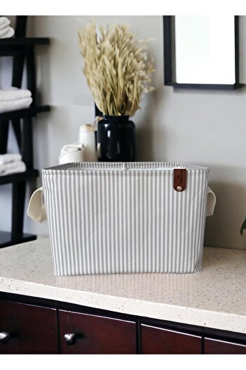 PH Prendi Home Gray Striped Multi-Purpose In-Cabinet Toy Storage Box Basket Organizer 18x22x30