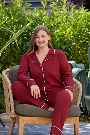 PİJAMOOD Büyük Beden Kadın Bordo Uzun Kollu Pamuklu Önden Düğmeli Biyeli Pijama Takımı