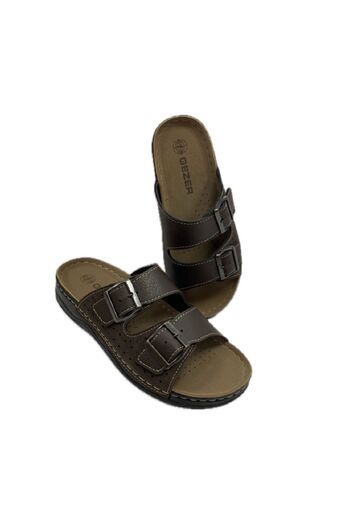 GEZER KAFKASLAR DOUBLE BUCKLE LEATHER FULL ORTHOPEDIC STITCHED MEN'S FATHER SLIPPERS