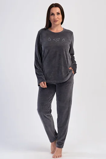 VİENETTA Women's Velvet Plus Size Long Sleeve Pajamas Suit 
 , 403088