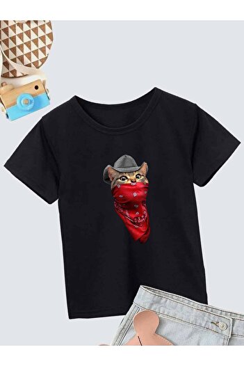 VASK Tricou negru pentru copii, unisex, confortabil din bumbac, imprimat