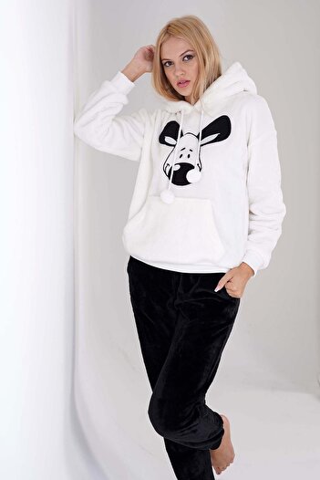 VİENETTA Welsoft Hooded Women's Pajamas Set - Off Shoulder, Long Sleeve, Kangaroo Pocket