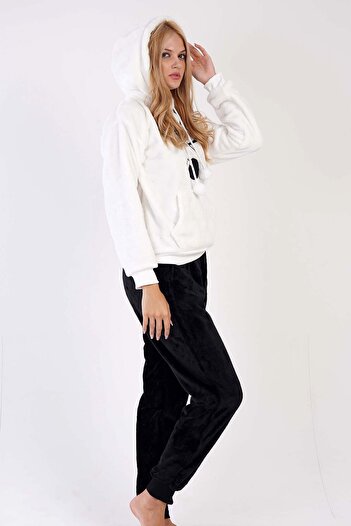 VİENETTA Welsoft Hooded Women's Pajamas Set - Off Shoulder, Long Sleeve, Kangaroo Pocket