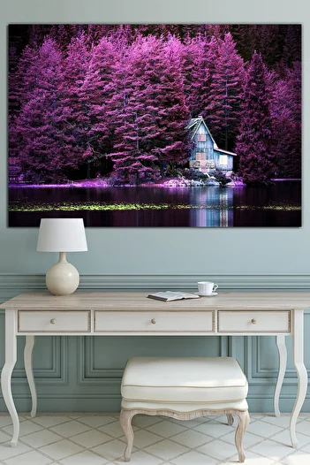 Morfil Sanat Atölyesi Purple Rainbows and Lake House Magnificent Landscape Nature Canvas Painting
