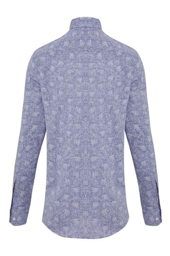 Hatemoğlu Navy Blue Slim Fit Printed Buttoned Collar Long Sleeve Casual Linen Shirt
