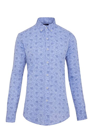 Hatemoğlu Blue Slim Fit Printed Buttoned Collar Long Sleeve Casual Linen Shirt