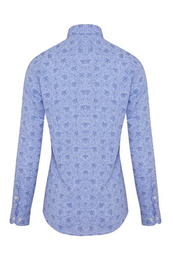 Hatemoğlu Blue Slim Fit Printed Buttoned Collar Long Sleeve Casual Linen Shirt