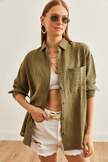 Olalook Khaki Color Oversize dámská mušelínová košile - GML- 19001217