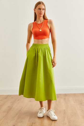 Olalook Pistachio Green Midi Bell Skirt - Pocket and Waist Elastic ETK- 19000271