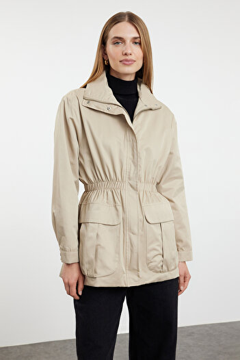 Trendyol Collection Beige Zippered Oversize Windbreaker Coat - Elastic Waist Twoaw25Mo00075