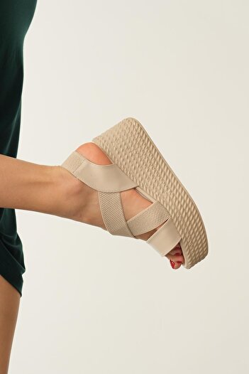 TOPUK Diana Tan Cross-Strapped Elastic Wedge Heel Sandals