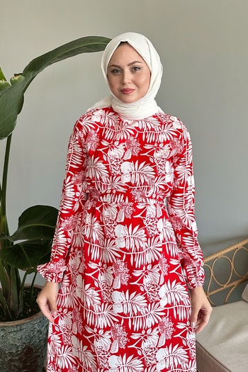 InStyle Red Viscose Dress - Palm Pattern