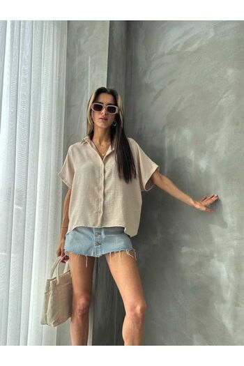 Esra Butik Hane Linen Women's Shirt - Cream, Lace Detail on the Back