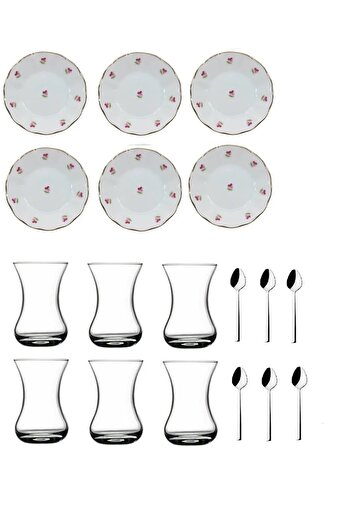 Paşabahçe 18 Piece Poppy Pink Enameled Acem Tea Cup Set