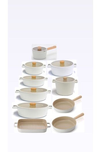 NEOFLAM Fika Beige 17 Piece Induction Cast Iron Pot Pan Set