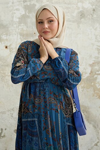 InStyle Φόρεμα Viera Shawl με μοτίβο μπλε σιφόν με γιακά με ζώνη