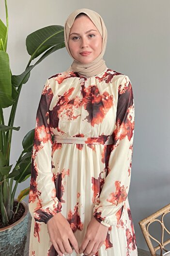 InStyle Brick Colored Chiffon Dress - Tie-Dye and Abstract Pattern