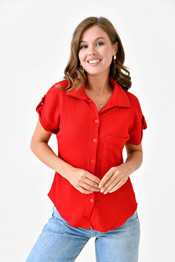 lovebox Red Women's Shirt - Seersucker, Short Sleeve and Pocket Detail 9628