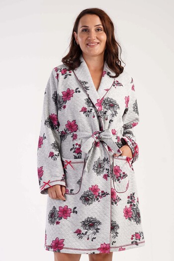 VİENETTA Plus Size Quilted Women's Dressing Gown - Raft Collar, Long Sleeve, Short - 303105