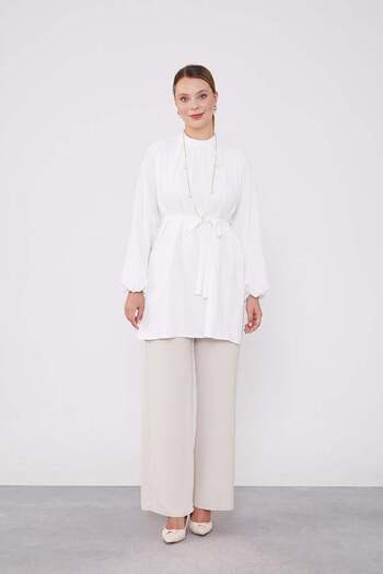 Levidor Ecru-Beige Chiffon Tunic Suit with Necklace Detail