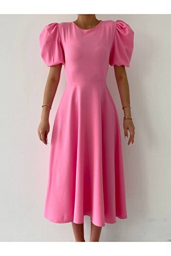 Julishop Julidress Kadın Toz Pembe Bisiklet Yaka Kısa Karpuz Kol Midi Boy Premium Elbise