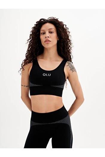 qlu Infinity Collection Women's Black Seamless/seamless Striped Bra/sports Bra