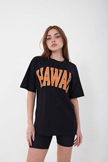 Mad&Calf Unisex Oversize Χαβάης εμπριμέ μαύρο μπλουζάκι