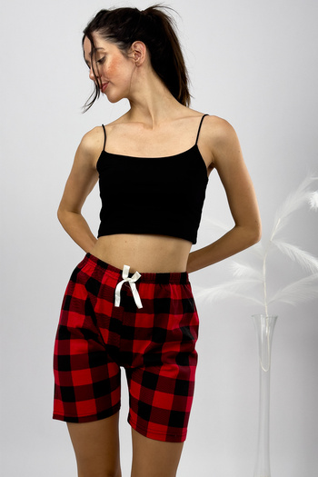 Betimoda High Waist Red Shorts Pajamas - 100% Cotton, Four Seasons, Square Window Design