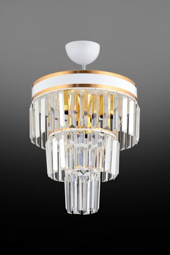 KARDELEN AYDINLATMA AVİZE Paris 3'lü Katlı Beyaza Gold Yaldızlı Kristal Taşlı 30'luk Modern Avize