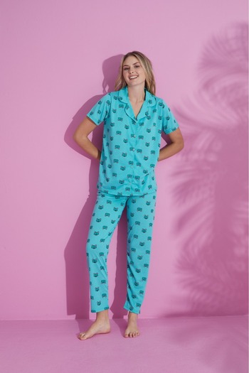 PİJAMOOD Cotton Short Sleeve and Printed Women's Pajamas Set