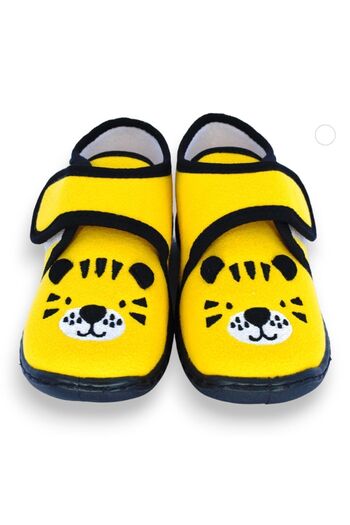 First Step Papuci cu velcro pentru băiat galben brodat cu tigru-F-736