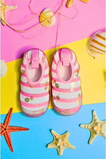 First Step Pineapple Printed Leaf Pink Girl's Non-Slip Sole Sea Shoes-f-7018