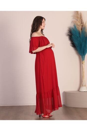 Azra Style Hamile Fırfırlı Yaka Maxi Boy Şifon Elbise Yeni Sezon 8009 Kırmızı