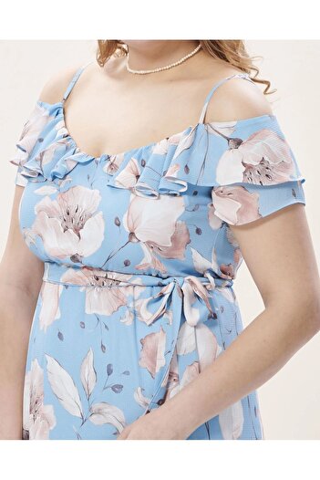 EVEN plus size Mavi Çiçekli Krep Büyük Beden Elbise