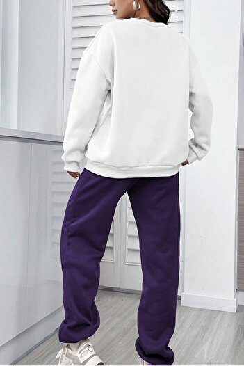 MODAGEN Unisex Purple-White California Printed Crew Neck Tracksuit Set