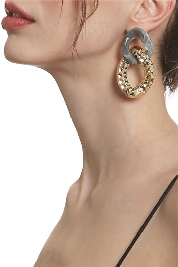 LABALABA Women's Thick Chain Form Smoky Gray & Gold Color Studded Model Resin Earrings