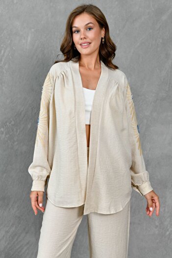 bayansepeti High Waist and Pocket Sequin Embroidered Long Sleeve Shirt and Trousers Beige Set 201