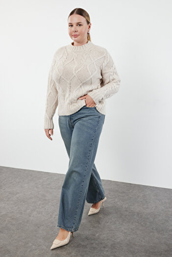 Trendyol Curve Beige Braided Glitter Knitwear Sweater - TBBAW25AN00030