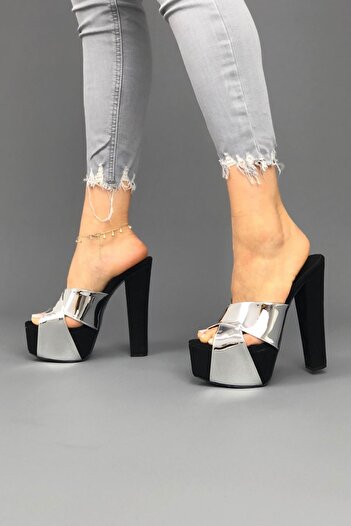 Ayakkabı Ateşi Black Suede Silver Mirror Cross Strap Platform Heeled Shoes Mulan