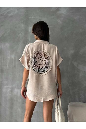 Esra Butik Hane Linen Women's Shirt - Cream, Lace Detail on the Back