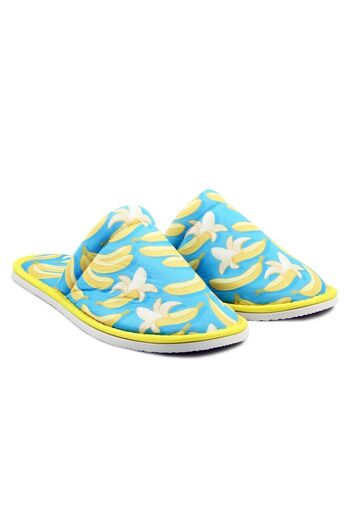 Chochili Papuci de casă cu talpă moale, unisex, cu model banană albastră