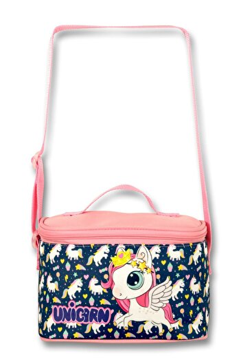ÜMİT ÇANTA Pink Navy Blue Unicorn Printed Girl's Lunch Box - Thermal Insulated